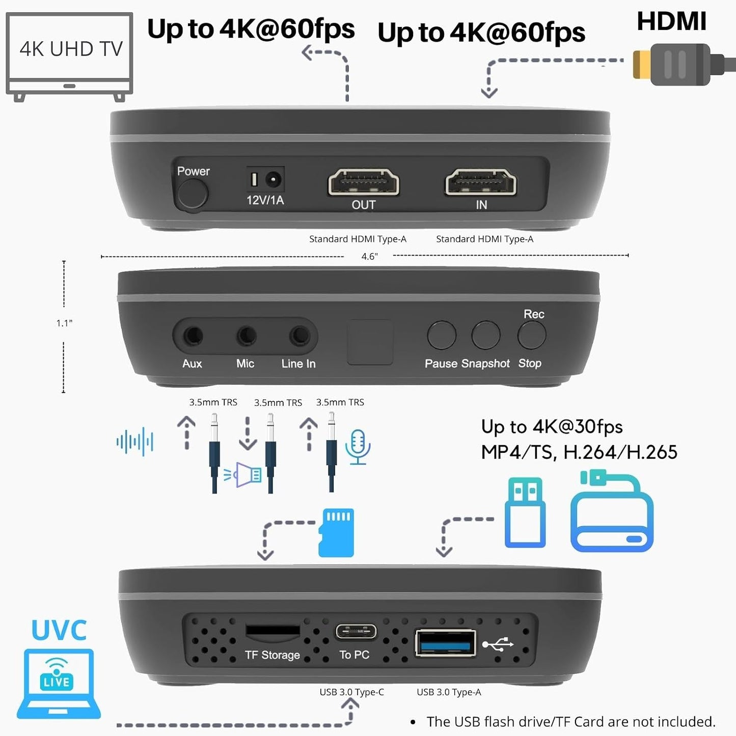 ClonerAlliance UHD Pro, 4K Video Recorder, HDMI Capture DVR with H.265/H.264 Codec, Cinematic 24fps Recording(Up to 30fps), 4K@60fps Passthrough, Pause/Resume Recording.