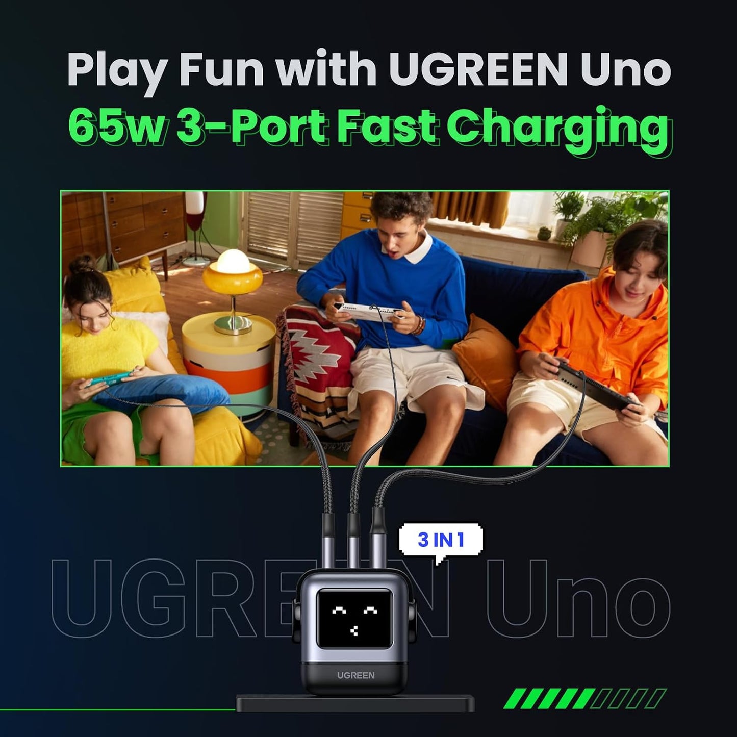 UGREEN Uno 65W USB C Charger Block, Nexode 3-Port GaN Fast Charger with Screen, Fun Robot Gifts for Men Women, Compatible with iPhone 17, MacBook Pro/Air/Neo, XPS, Galaxy S26, Steam Deck, Black