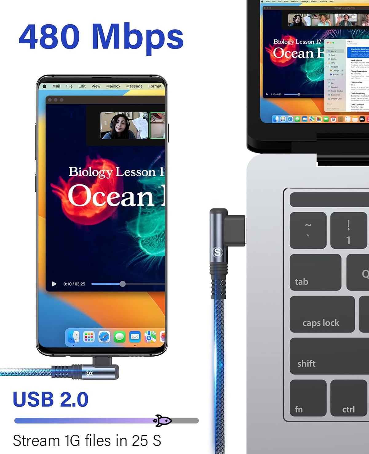USB to USB C Cable 3.1A Fast Charge Right Angle CarPlay 10ft 2-Pack Grey