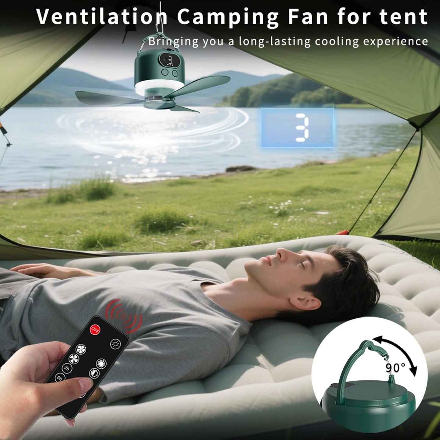 11" Tent Fan with Light & Remote, Camping Ceiling Fan with 10040mAh Rechargeable Battery, Portable Hanging Fan for Tent, RV, Canopy, Outdoor Camping (Green, Centimeters, 28.9)