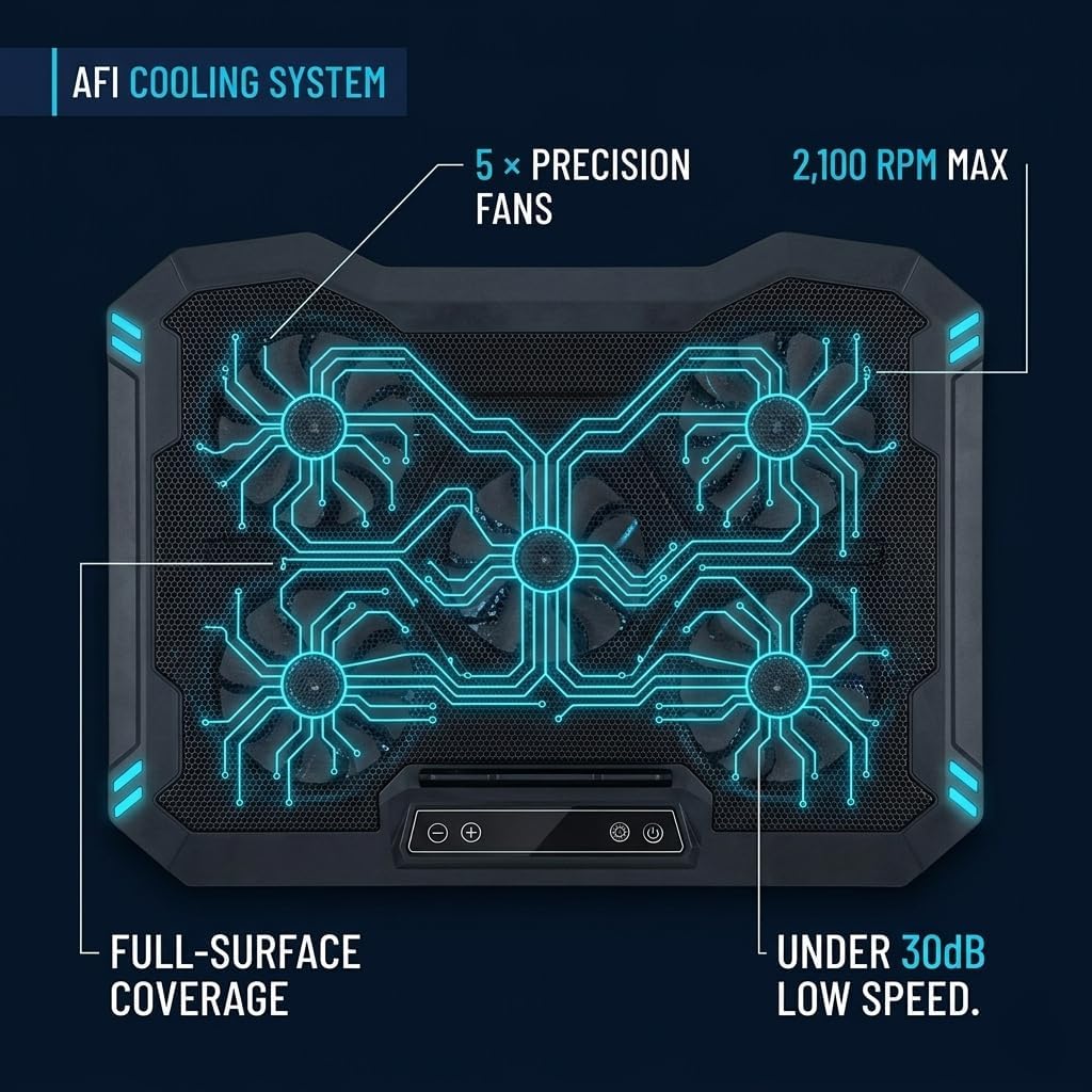 AFI Electronics Laptop Cooling Pad, 5 Quiet Fans Gaming Laptop Cooler for 11–17 Inch, RGB LED, LCD Display, 6 Fan Speeds, 8-Height Adjustable Stand, Dual USB Ports, Notebook Cooling Stand