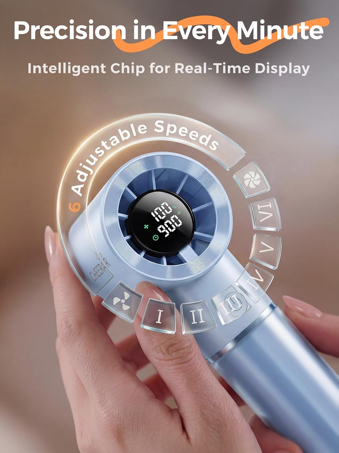 Handheld Portable Fan, 6-Speed Rechargeable Powerful Mini Fan | 5000mAh Battery Up to 15 Hours Runtime, Smart LED Display, Pocket Turbo Personal Fan for Travel, Camping, Makeup