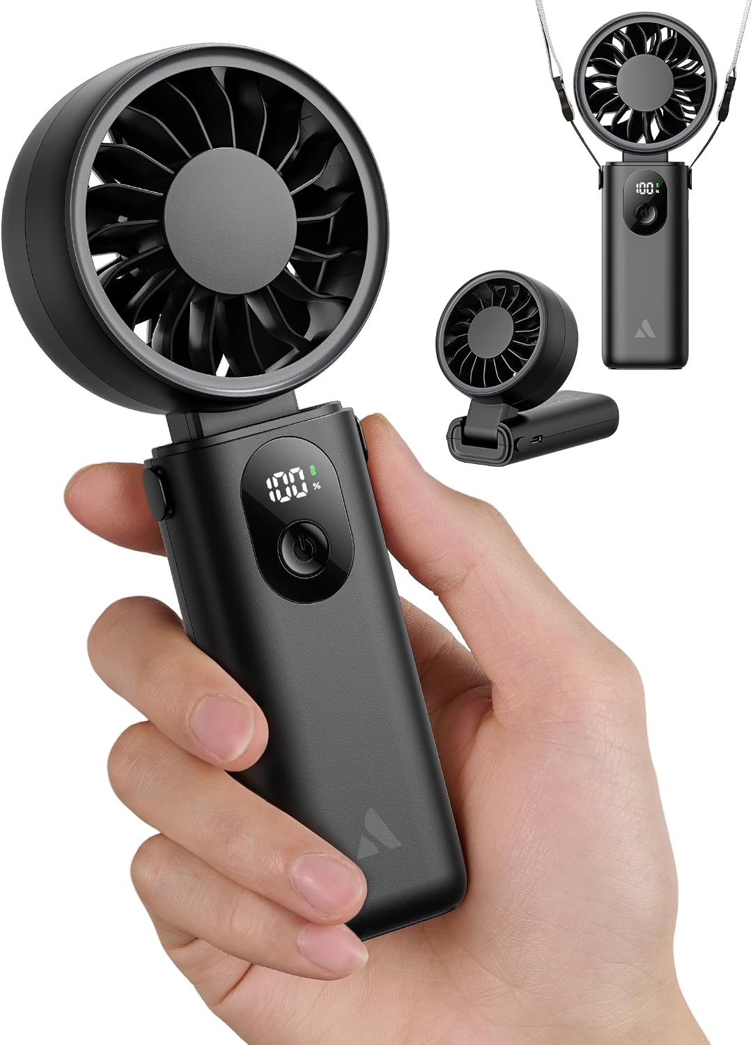 Aecooly Mighty Portable Handheld Fan | 20H Max Cooling | 3 Flexible Modes | 5 Speeds Wind | Battery Level Display | USB Rechargeable Mini Personal Battery Powered, Gifts for Women, Travel -Black