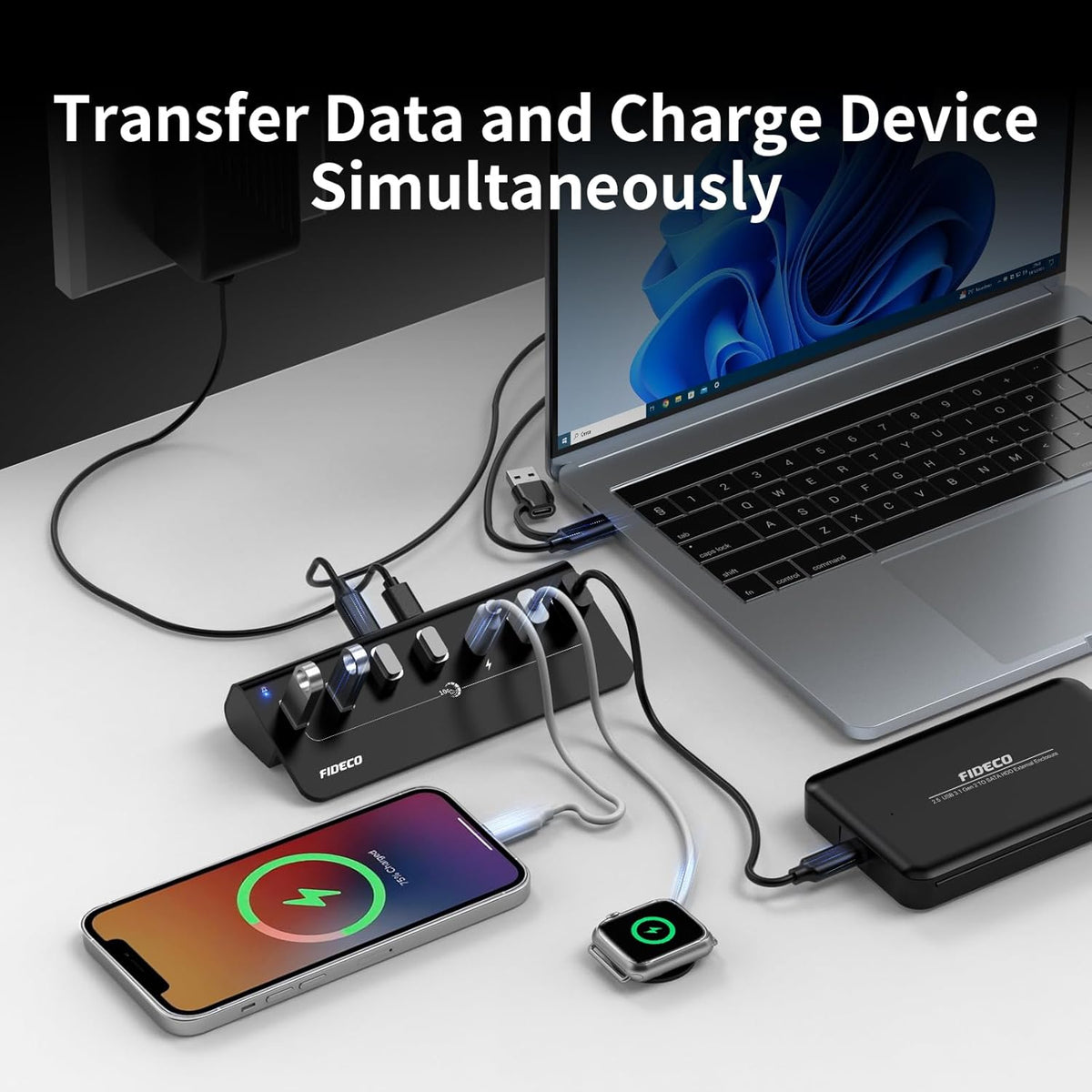 FIDECO Powered USB Hub, 7 Port 10Gbps Fast Data Hub for iPhone 16/15 and Laptop, Full Aluminum USB Splitter with 5V 3A Power Adapter, 4 USB A and 3 USB C Ports, Support BC1.2 Charging