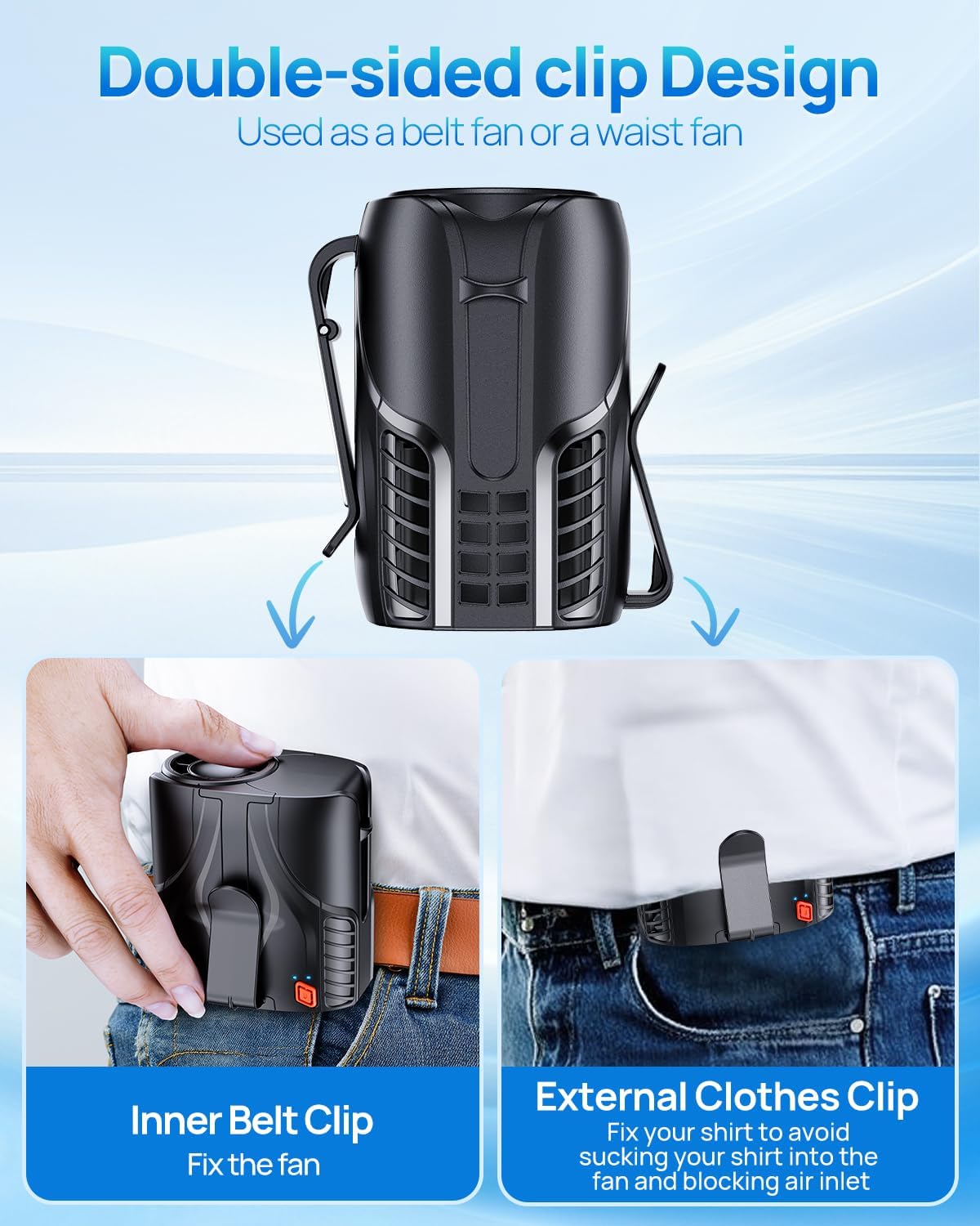 Portable Personal Waist Fan& Neck Fan, 14000RPM Brushless Motor, 40H Runtime Rechargeable, 6-Speed Quiet Operation, Clip-On Personal Body Cooling for Camping/Worksites/Outdoor