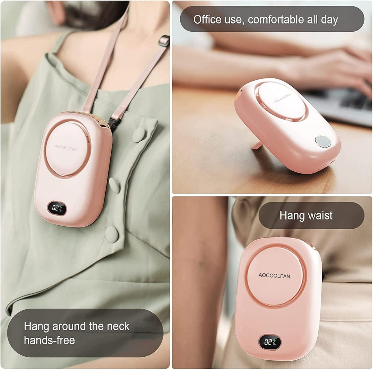 AOCOOLFAN Portable Neck Fan, Mini Small Personal Handheld Fan USB Rechargeable 3 Speed for Girls Boys Woman Eyelash Travel Home Office Outdoor (Pink)