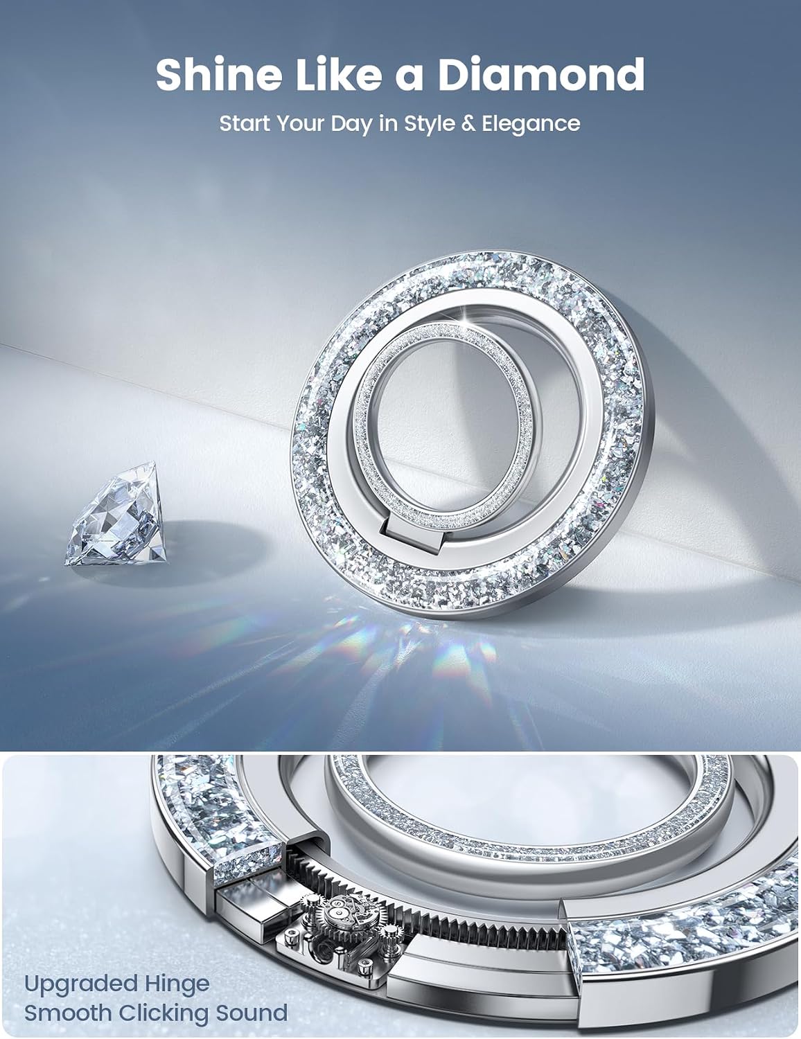 Lamicall Magnetic Phone Ring for MagSafe, Super Magnet Glitter Silver Grip | 360° Rotating Durable Gear Hinge, Stylish Ring Stand for iPhone 17 16 15 Pro Max Air, Mag Safe Decor Accessories for Mother