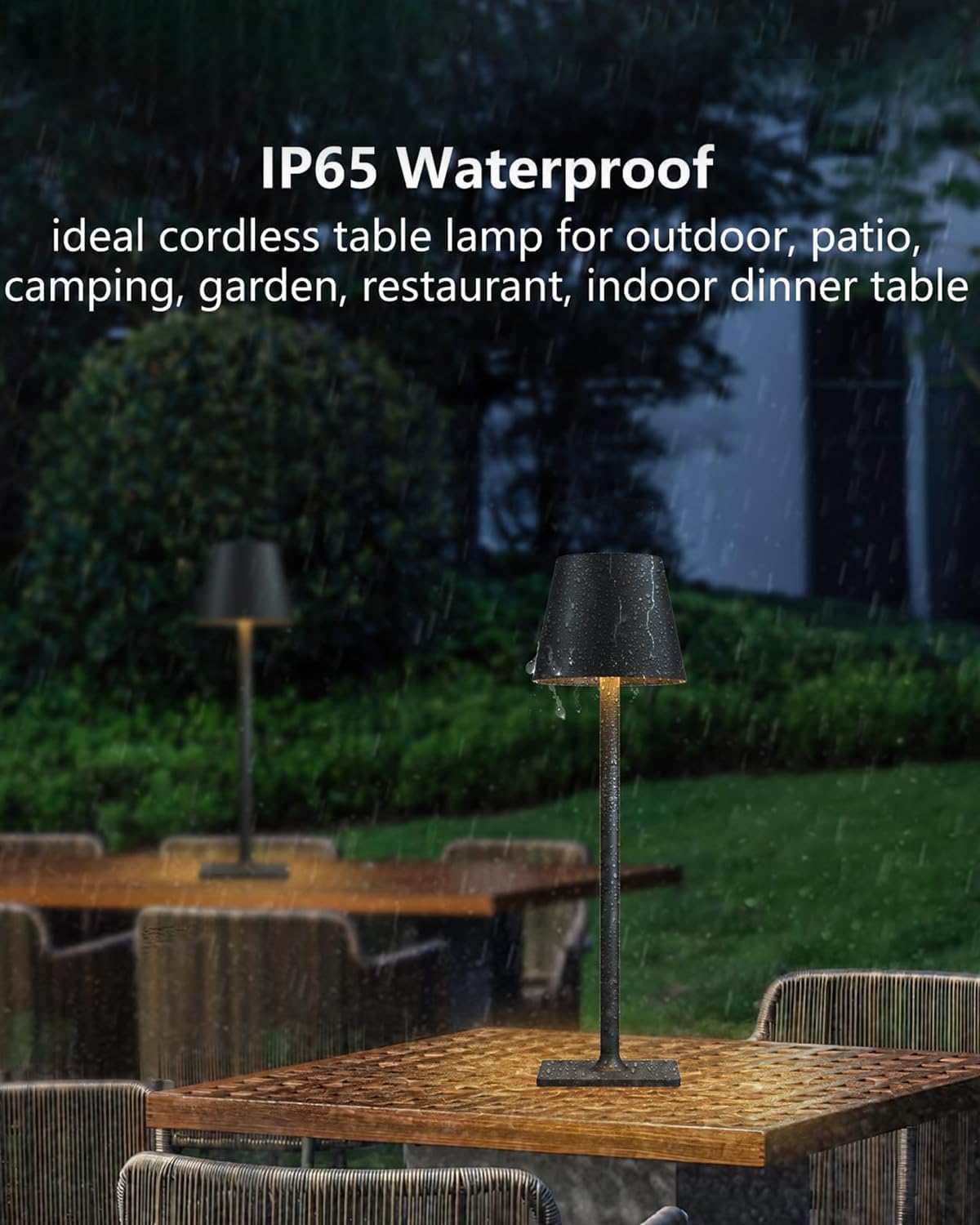 Fizrice Rechargeable Table Lamp 2 Pack Cordless Battery Operated, Black | IP65 waterproof wireless design with adjustable brightness and height feature for patio, bedroom, restaurant
