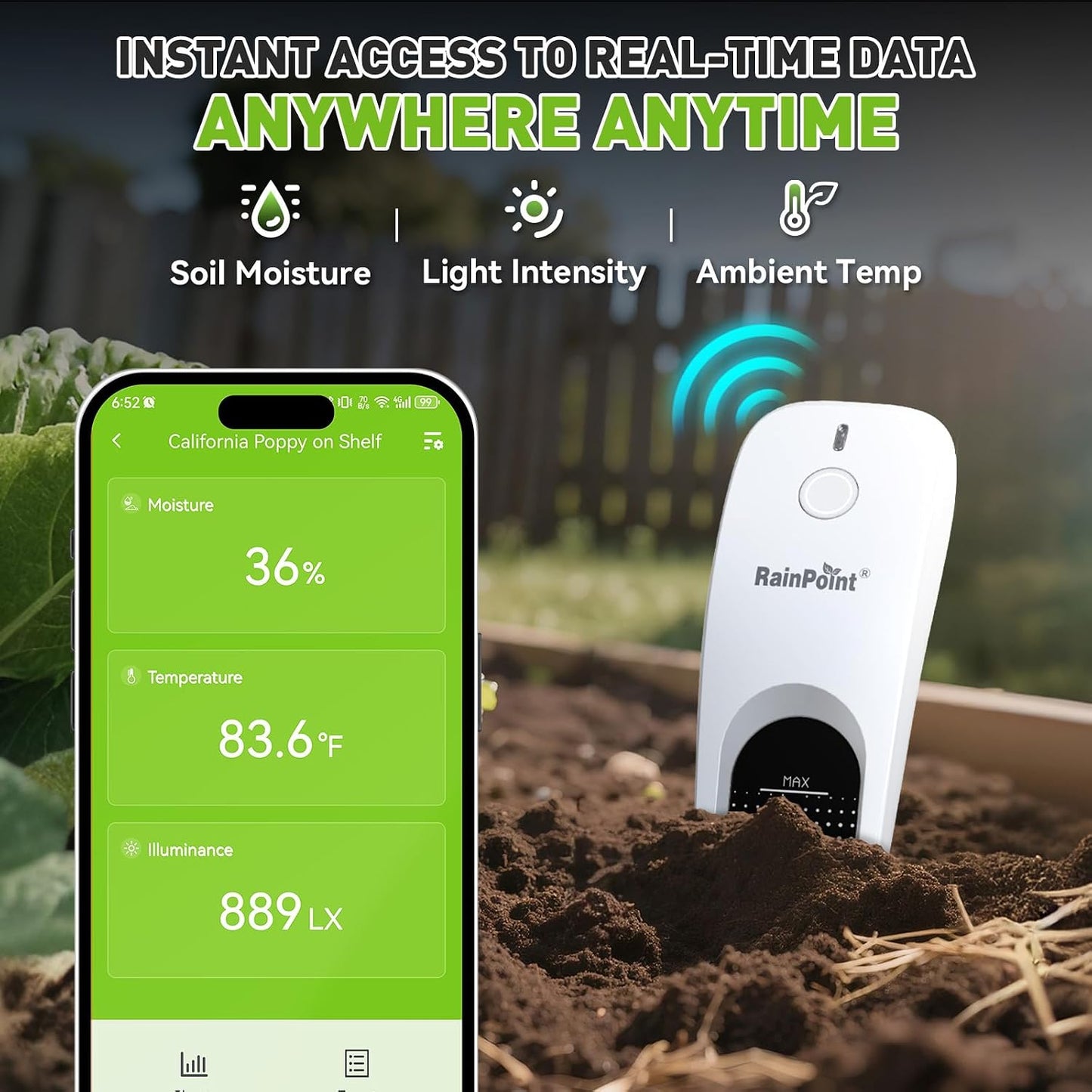 RainPoint 3-in-1 APP Remote Monitoring WiFi Soil Meter - CAN NOT USE Alone | Moisture/Air Temperature/Light Intensity Monitor and Custom Alert, IP66 Waterproof Wireless Sensor for Plant Indoor/Outdoor