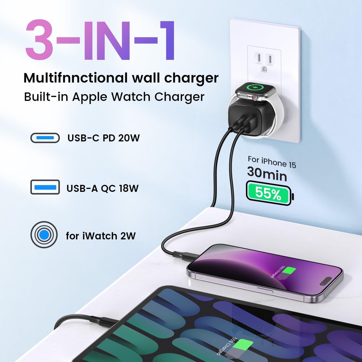 TOPADRE PD 20W USB C Charger Block for Apple Watch, White | 3-in-1 Charging Station with Built-in Wireless Charger, Dual Ports Compatible with Apple Watch, iPhone, AirPods