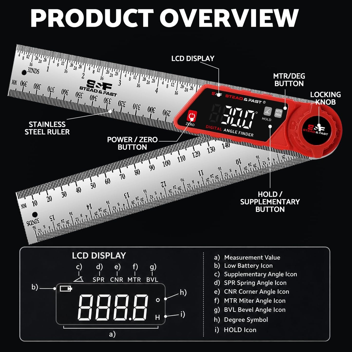 S&F STEAD & FAST Digital Angle Finder with Miter Button, 7 Inch / 200 mm | Secure lock knob, XL LED Display, Stainless steel arms, High-precision, Versatile protractor, for Miter saw & Crown molding