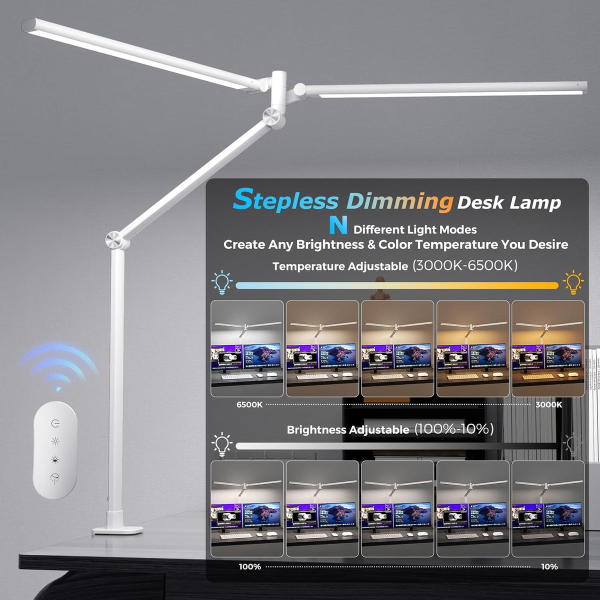 Airlonv LED Desk Lamp, Double Swing Arm Wide Lighting Area Desk Lamps for Home Office with Stepless Dimming, Eye-Caring Architect Desk Light with Clamp for Reading, Study, Workbench, Drafting(White)