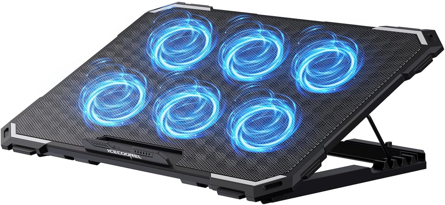 Laptop Cooling Pad with 6 Cooling Fans, Cooling Pad for Laptop Fan 13-15.6 Inch, Laptop Cooler Stand with 6 Height Adjustable, Notebook Cooler Pad with Two USB Port