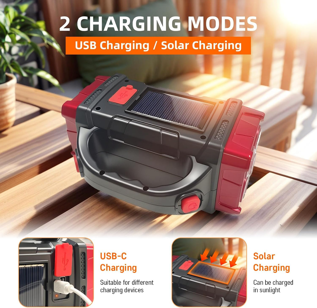 Solar Handheld Flashlight, 4 Lighting Modes Rechargeable LED Work Light, USB-C & Solar Powered Portable Lantern,Emergency Camping Light for Outdoor, Hiking, Power Outage (Red-1pcs)