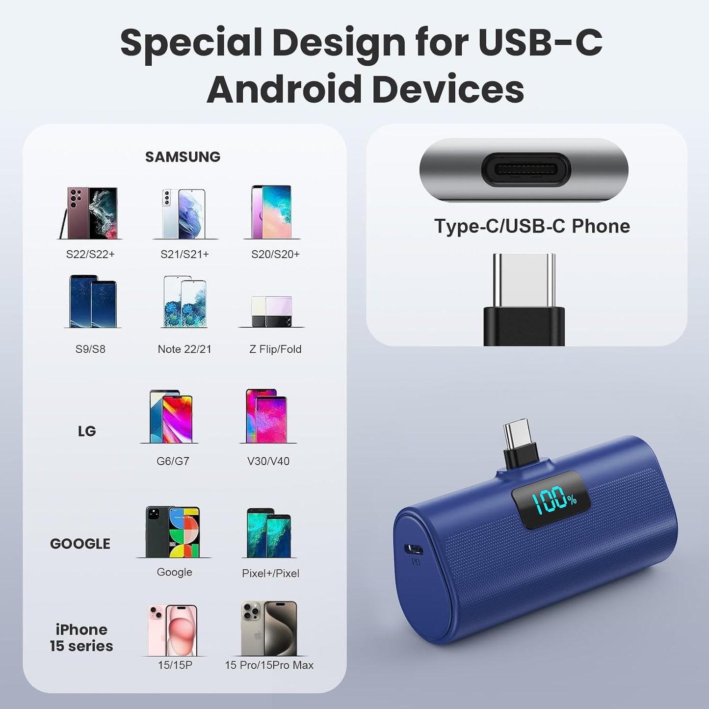 [2-Pack]Portable Charger for iPhone 16/15 Series,5200mAh PD USB C Power Bank Built-in USB-C Connector,Battery Pack Compatible with iPhone 16/16 Plus/16 Pro/16 Pro Max/15 Series,Android(Black+Blue)