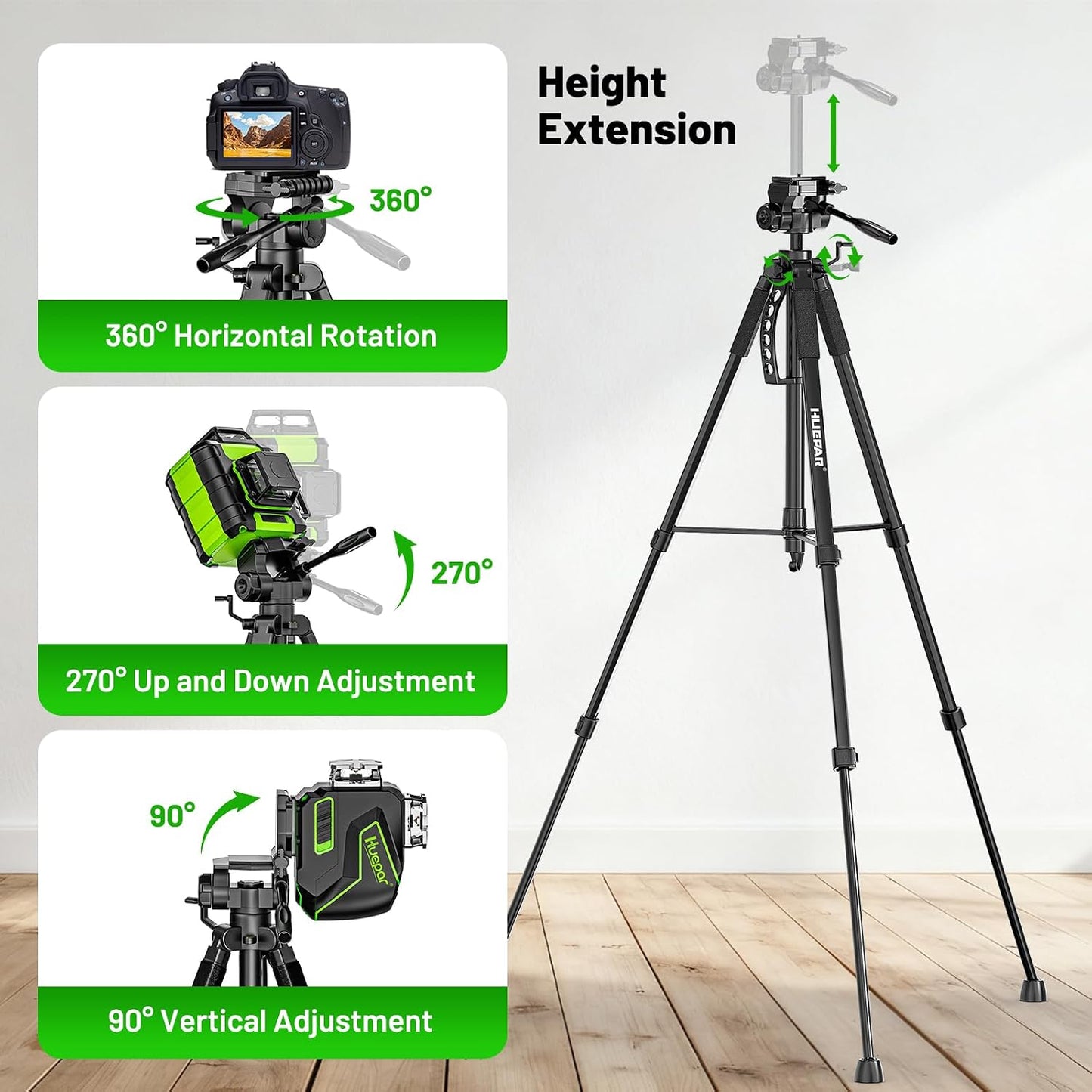 Huepar Professional Laser Level Tripod, Fathers Day Dad Gifts, 68 Inch Adjustable Height, Suit for Heavy Duty Lasers Levels, Point Laser, Distance Measure - Phone Holder, 1/4" & 5/8" Thread Mount