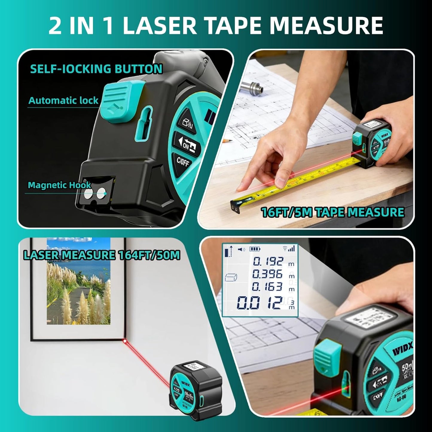 WIDX 2 in 1 Laser Tape Measure,164ft Laser Measurement & 16ft Tape Measure | Laser Distance Meters with Magnetic Hook, LCD Display, in/Ft/M/Ft+n, Linear/Area/Volume/ Pythagorean for Different Scenarios
