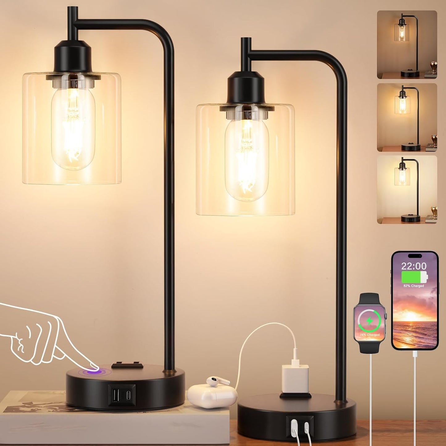 Industrial Touch Lamps for Nightstand Set of 2, 3-Way Dimmable Bedside Lamp | Glass Shade, USB C+A Charging Port & Outlet, Black Desk Lamps for Bedroom, Living Room, Home Office, Reading