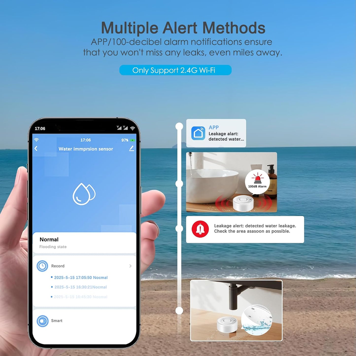 Wi-Fi Water Leak Detector: 100dB Water Sensor Alarm for Basement, Adjustable Alarm and App Alerts, Flood Leakage Detection Devices for Pipe/Drain/Sink/Faucet