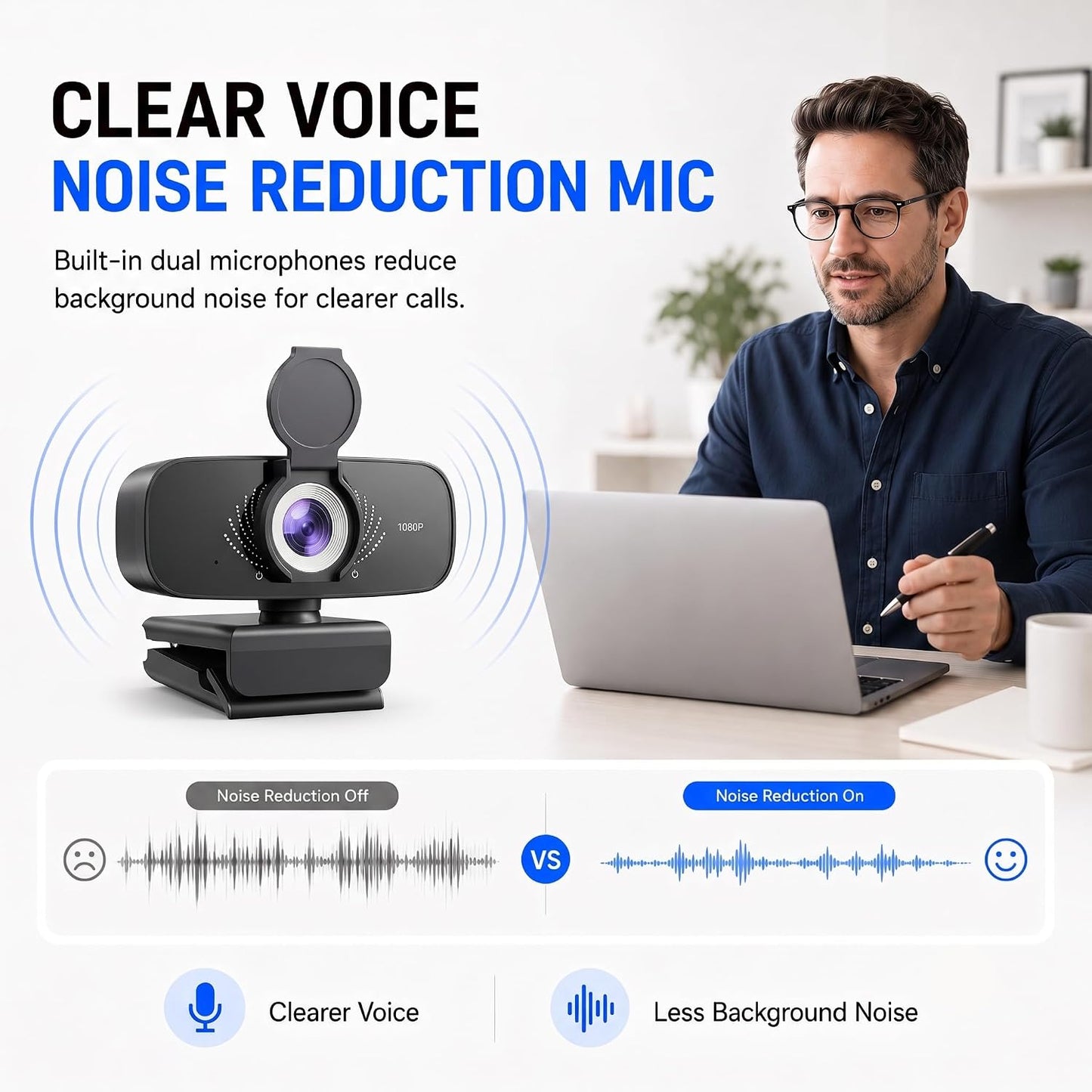 1080P Webcam with Microphone, Privacy Cover & USB-C Adapter | 105° FOV, Fixed Focus, Auto Light Correction, Plug & Play USB-A Camera with Tripod for Zoom, Teams, FaceTime and YouTube