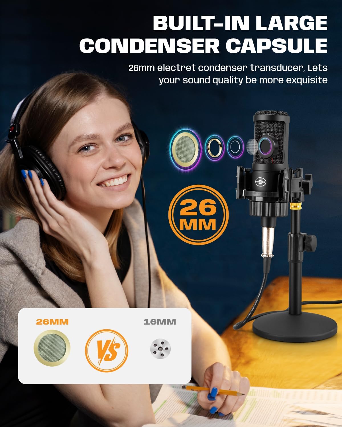 XLR Condenser Microphone with 26mm Large Diaphragm, Professional Cardioid Recording Studio Mic Kit with Metal Desktop Stand, Pop Filter for Streaming, Podcasting, Gaming, Voice-Over, Vocal, Youtube