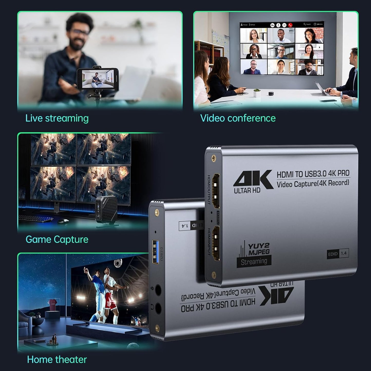 USB3.0 HDMI Capture Card, 4K Passthrough, 1080P60 2K30 Recording | Aluminum shell, low latency. For stream, record & online class; supports OBS, Twitch, Zoom, Teams, PS5, Switch, PC, camera