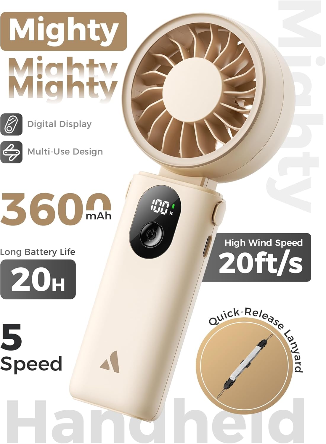 Aecooly Mighty Portable Handheld Fan | 20H Max Cooling | 3 Flexible Modes | 5 Speeds Wind | Battery Level Display | Mini USB Rechargeable Personal Battery Powered Fan Travel Gifts for Women -Beige