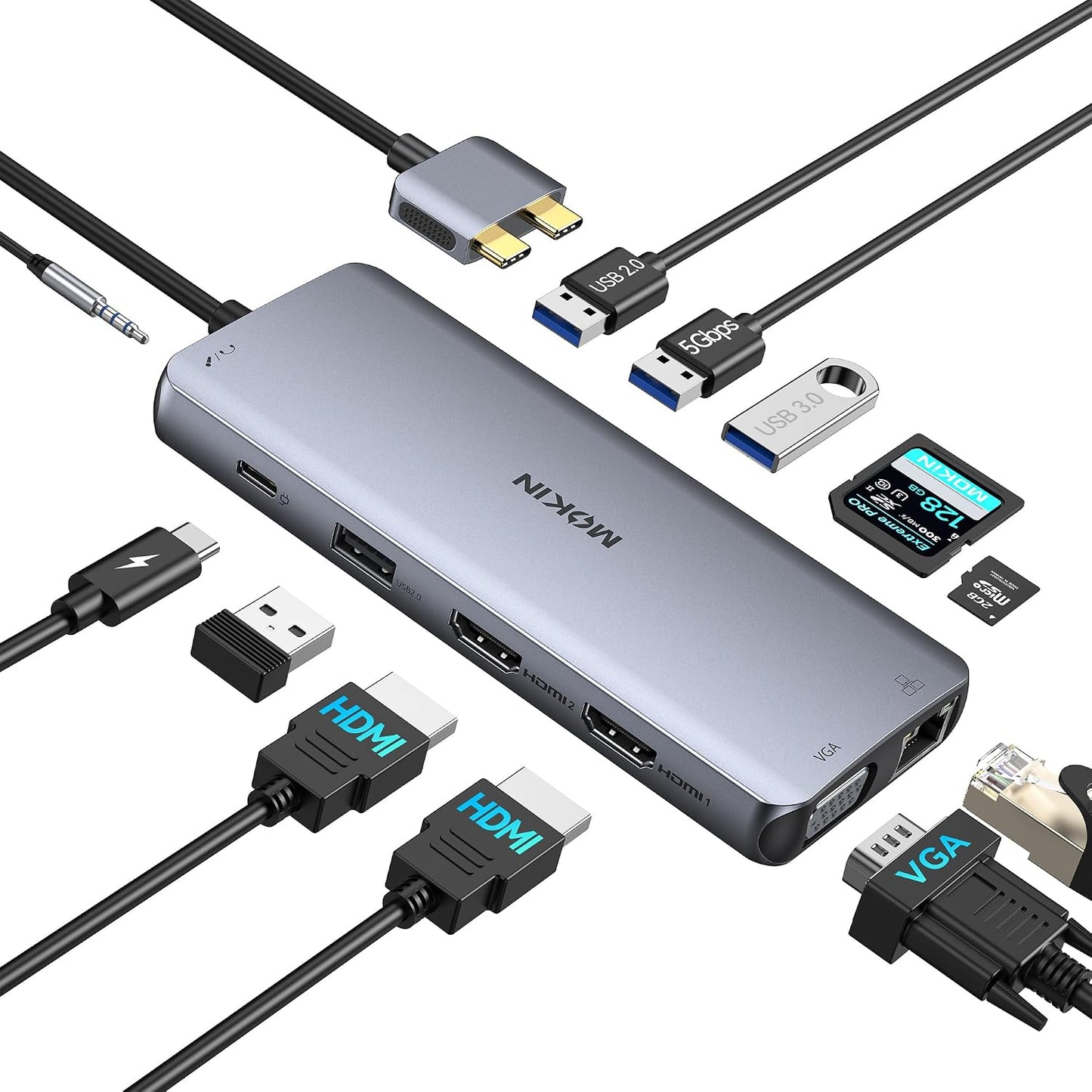MOKiN MacBook Pro Docking Station for Dual Monitor, 12 in 2 HDMI Adapter | Dockingstation for MacBook Pro/Air, MacBook Adapter , VGA, Ethernet, 4x USB, SD/microSD, 100W PD, Mac Dongle Dual HDMI