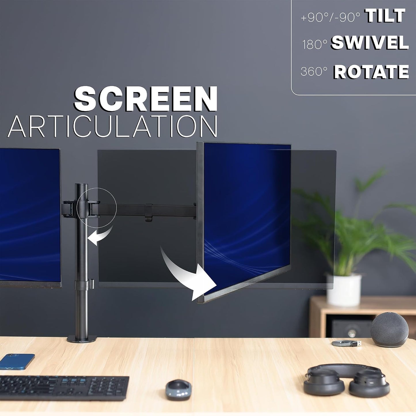 VIVO Dual LCD LED 21 to 32 inch Monitor Desk Mount, Heavy Duty, Adjustable Telescoping Arms, Flush Wall Setup, Fits 2 Screens, Black, STAND-V002E