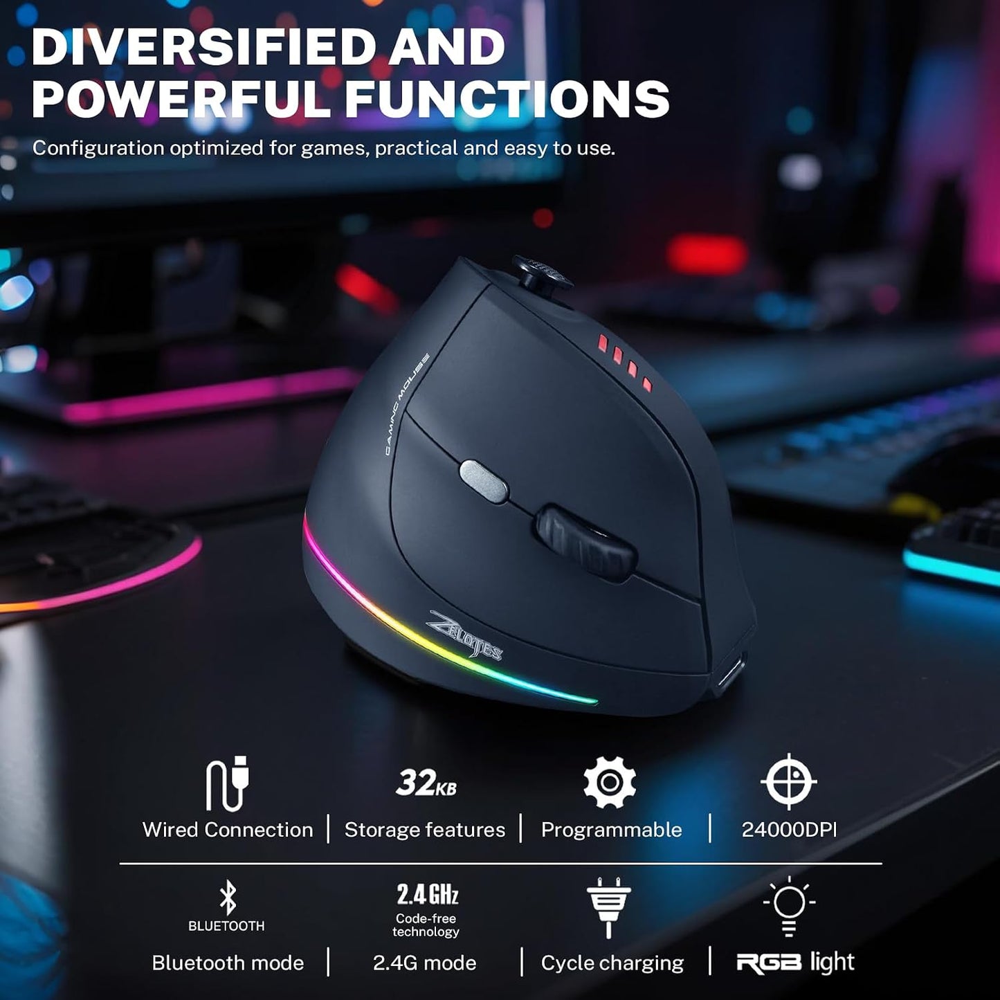 Gaming Mouse with 5 D Rocker, Wireless Vertical Mouse with [24000 DPI] [12 Programmable Buttons], Computer Mouse for Gamer/PC/E-Sports/Laptop (Black)