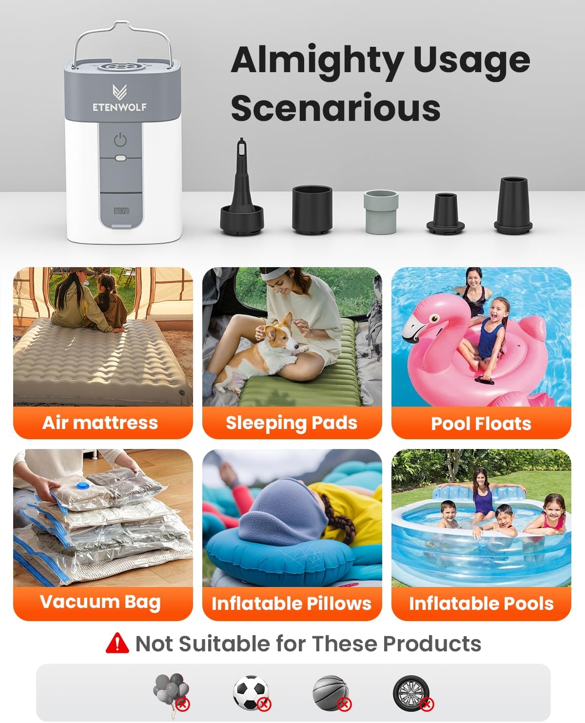 ETENWOLF AIR 5 Air Pump for Inflatables, 5200mAh Portable Electric Air Pump | 4X Quick Inflator Deflator, 4.5 kPa & 720 L/min Pump for Pool Floats, Air Mattress, Vacuum Storage Bags, Camping