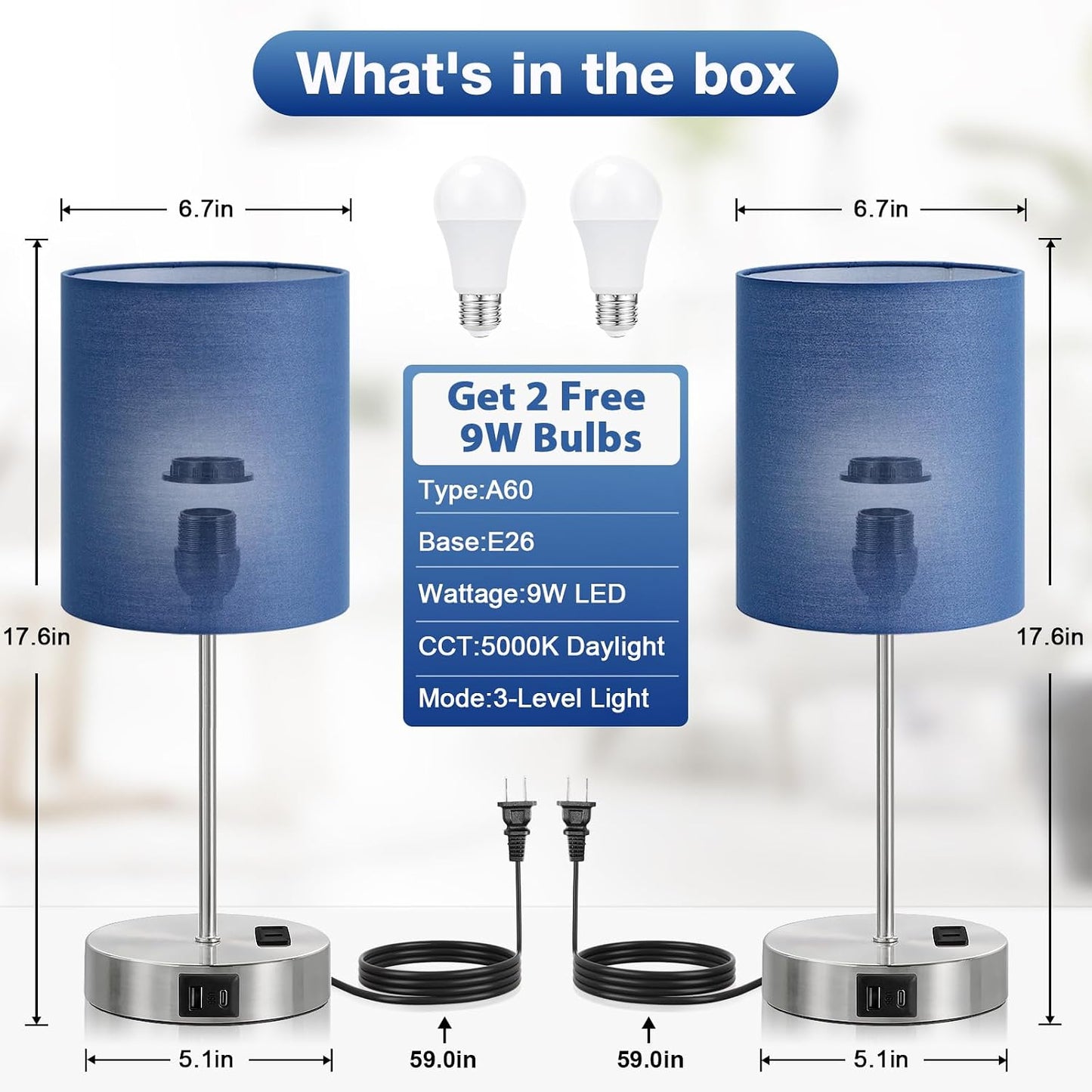 Touch Lamps for Bedroom Set of 2 - Dimmable, USB C+A, AC Outlet | Large 17.6" Tall Lamp, 3-Way Dimming, 5000K Daylight Bulbs, Navy Blue Lampshade Silver Base, Decor for Living Room, Boys, Men