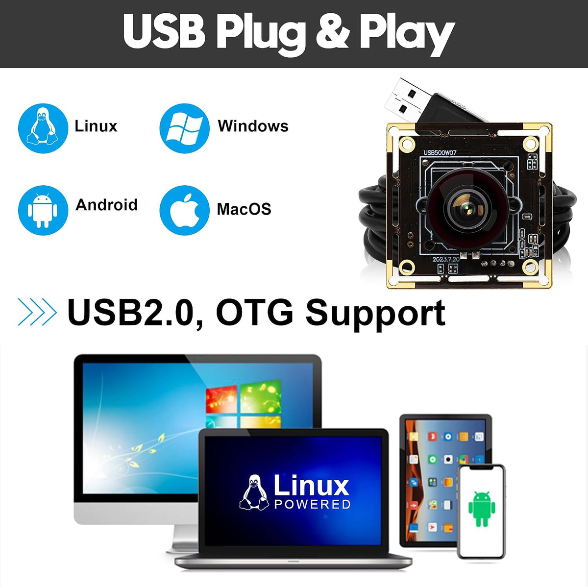 SVPRO 5MP USB Camera Module, 1944P 30fps, Wide Angle, M12 Fisheye Lens, IMX335 Sensor, UVC Plug & Play Industrial Webcam for Security, 3D Printers, Lightburn Camera for Windows/Mac/Linux/Android