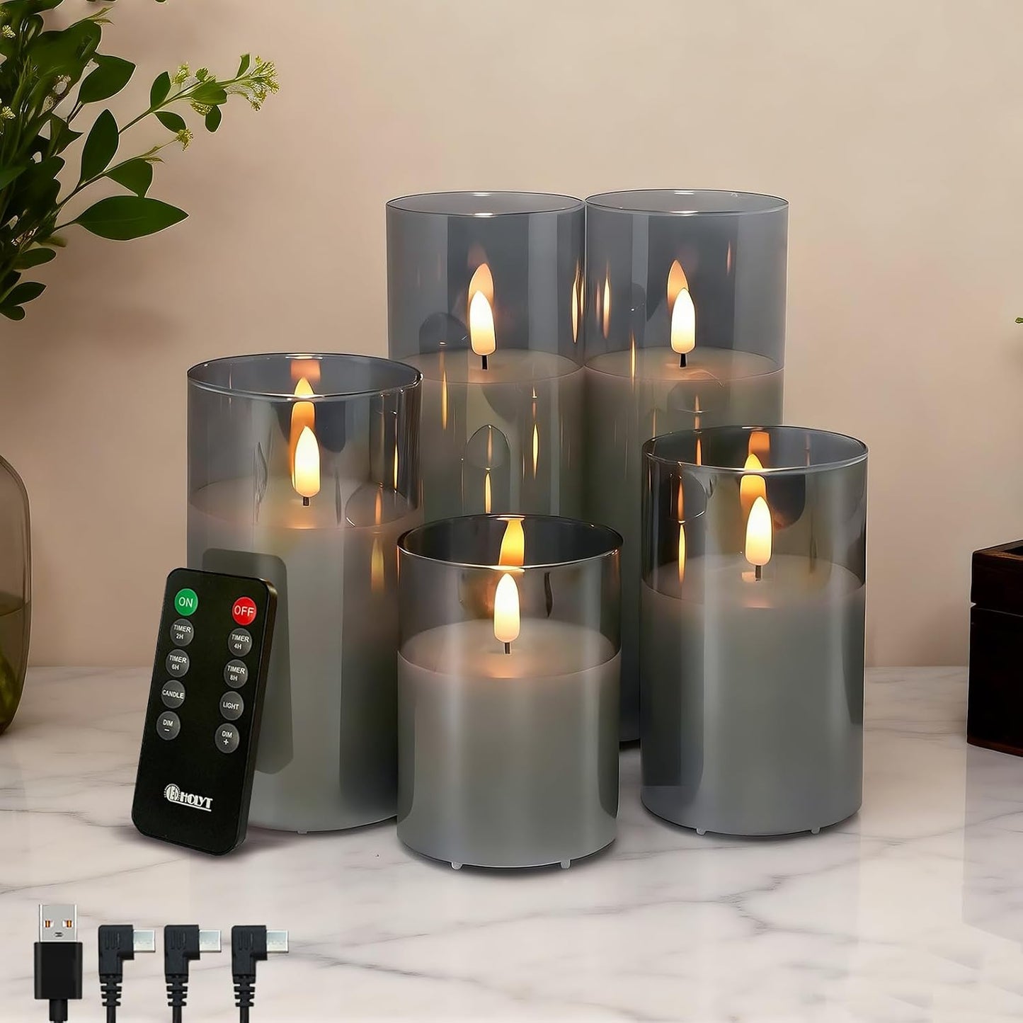 Glass Rechargeable LED Flickering Flameless Candles with Remote and Timer | Fake Candles Flickering Warm LED Flame for Centerpiece Table Decorations, Halloween, Christmas & Home Fall Decor (Pack of 3)