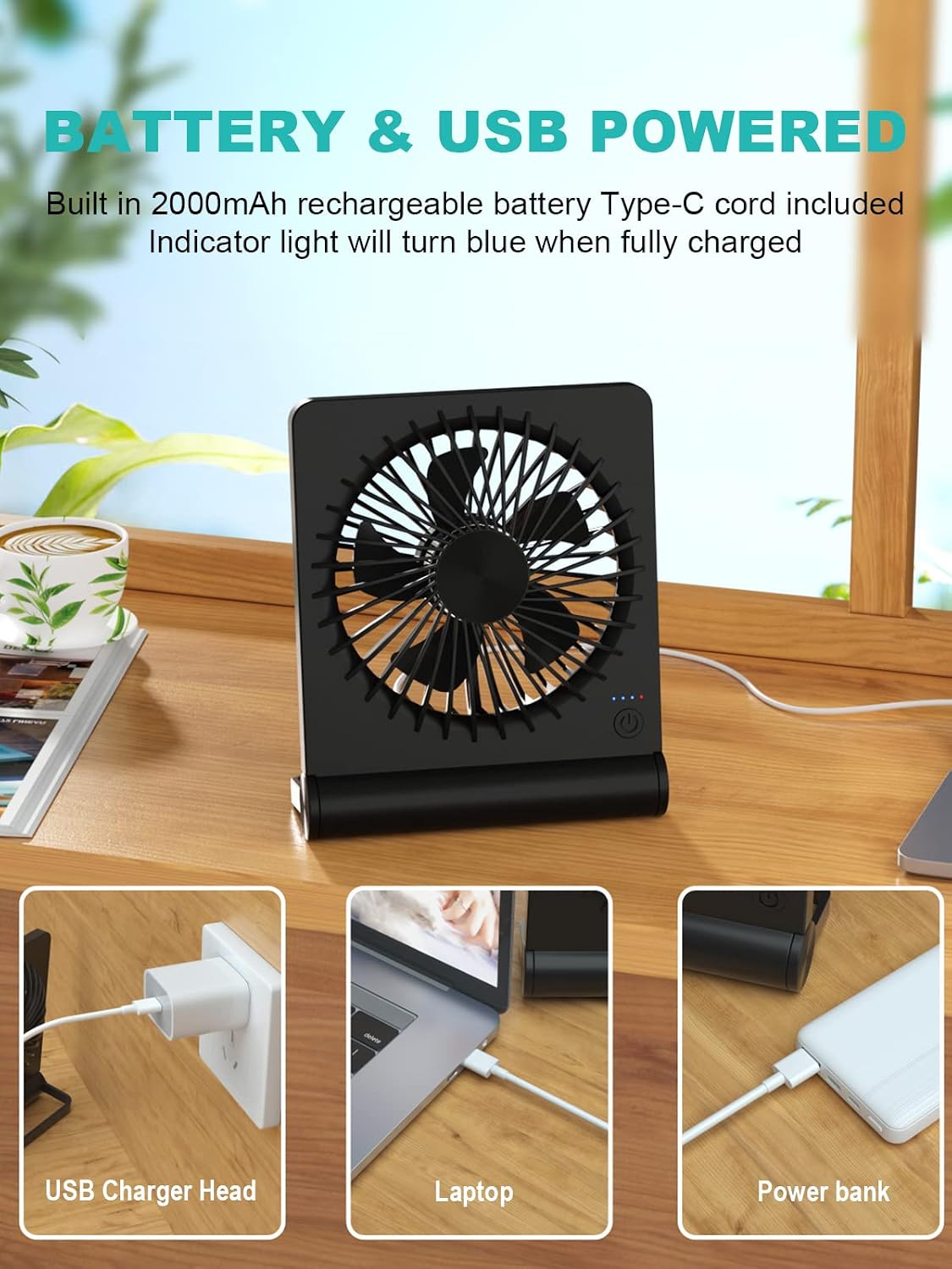 Desk Fan, Rechargeable Battery Operated, 3 Speeds Ultra Quiet Strong Wind | USB-C powered,180° tilt folding.25dB quiet.2000mAh battery:12/8.5/4.5hrs.Portable,personal fan for desk,office,home,bedroom.