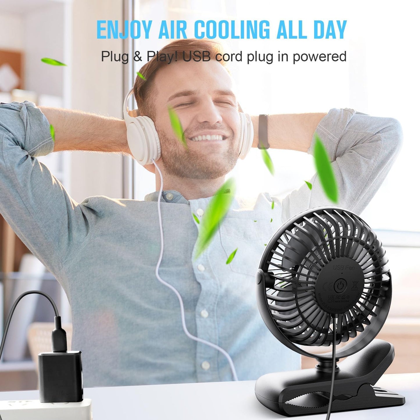 BESKAR USB Clip on Fan, Portable Small Desk Fan with Cord Powered | 3 Speeds Strong Airflow, Sturdy Clamp, Ultra Quiet Personal Cooling Fan for Office Dorm Bedroom Stroller