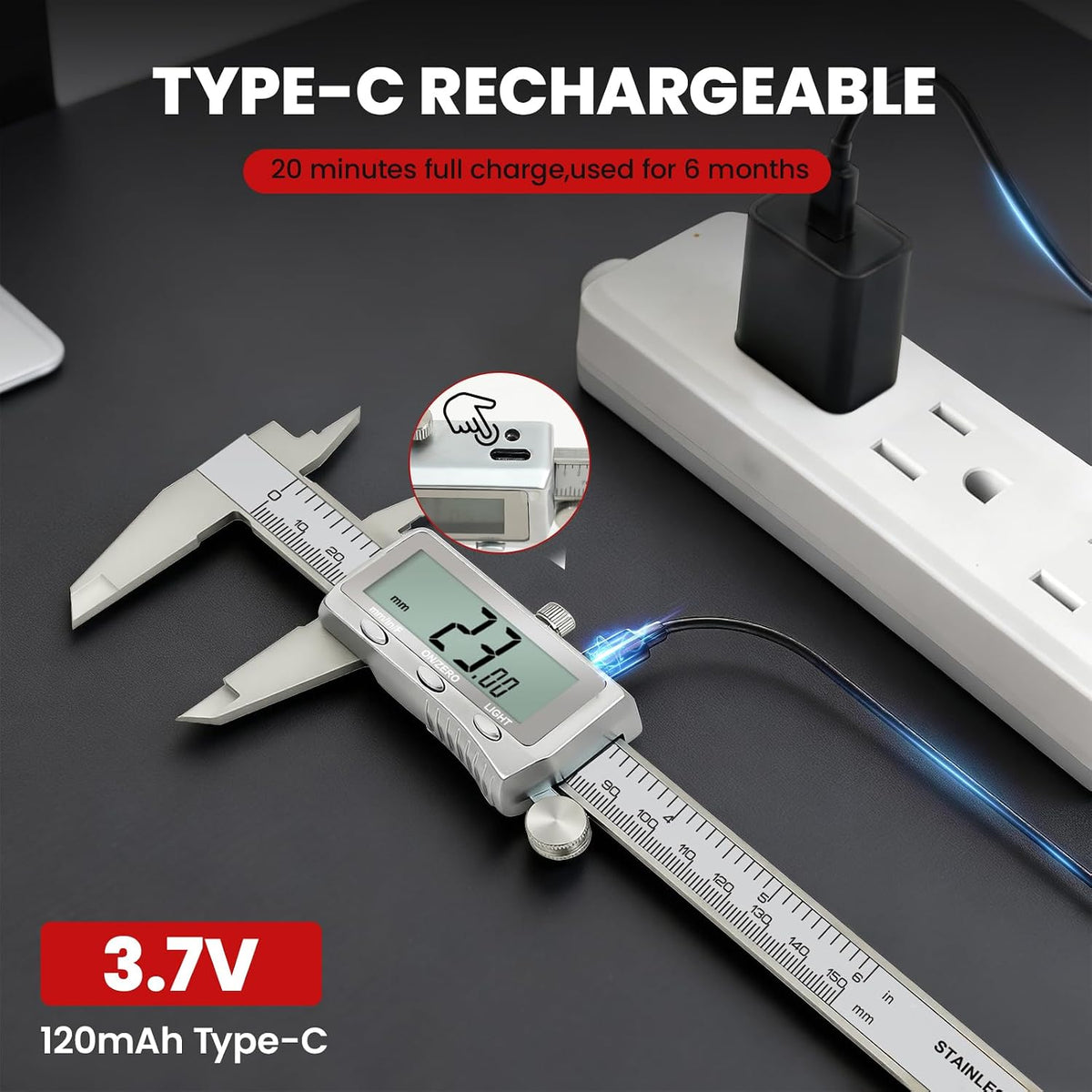 Digital Caliper 6 Inch, Rechargeable Calipers with Backlight LCD Screen, Stainless Steel Caliper Measuring Tool, Auto-Off Micrometer, Inch/MM/Fraction Conversion for 3D-Printing/DIY/Household
