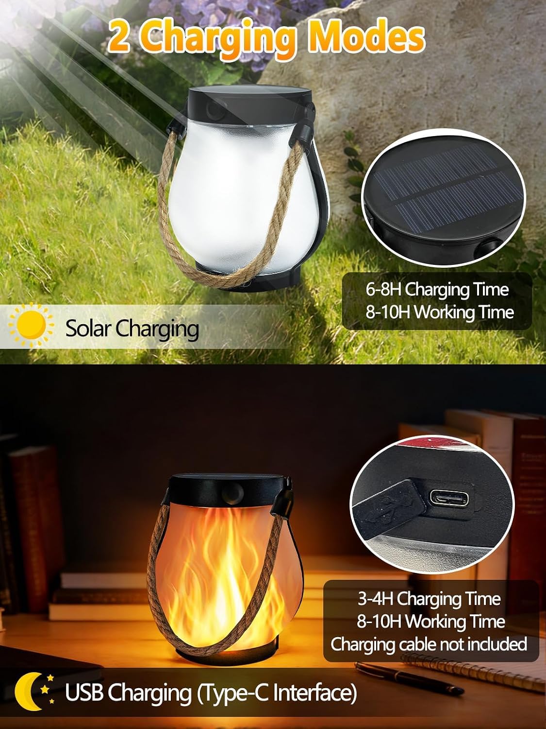 4 Pack Gen2 Solar Lanterns Outdoor Waterproof Hanging Solar Flame Lights | USB & Solar Charging, 2 Modes, Auto ON/OFF, IP65 Waterproof, Hemp Rope Handle, Indoor Outdoor for Garden Tree Tabletop Decor