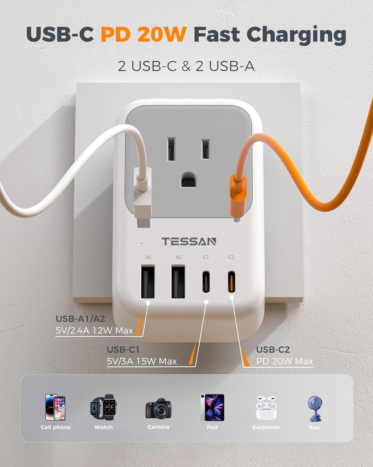 TESSAN Type G Adapter for Travel 2 Pack, PD 20W US to UK Plug Adapter | 4 AC Outlets, 4 USB Ports (2 USB C), Ireland Power Adaptor, USA to England London British Scotland Dubai Hong Kong Kenya