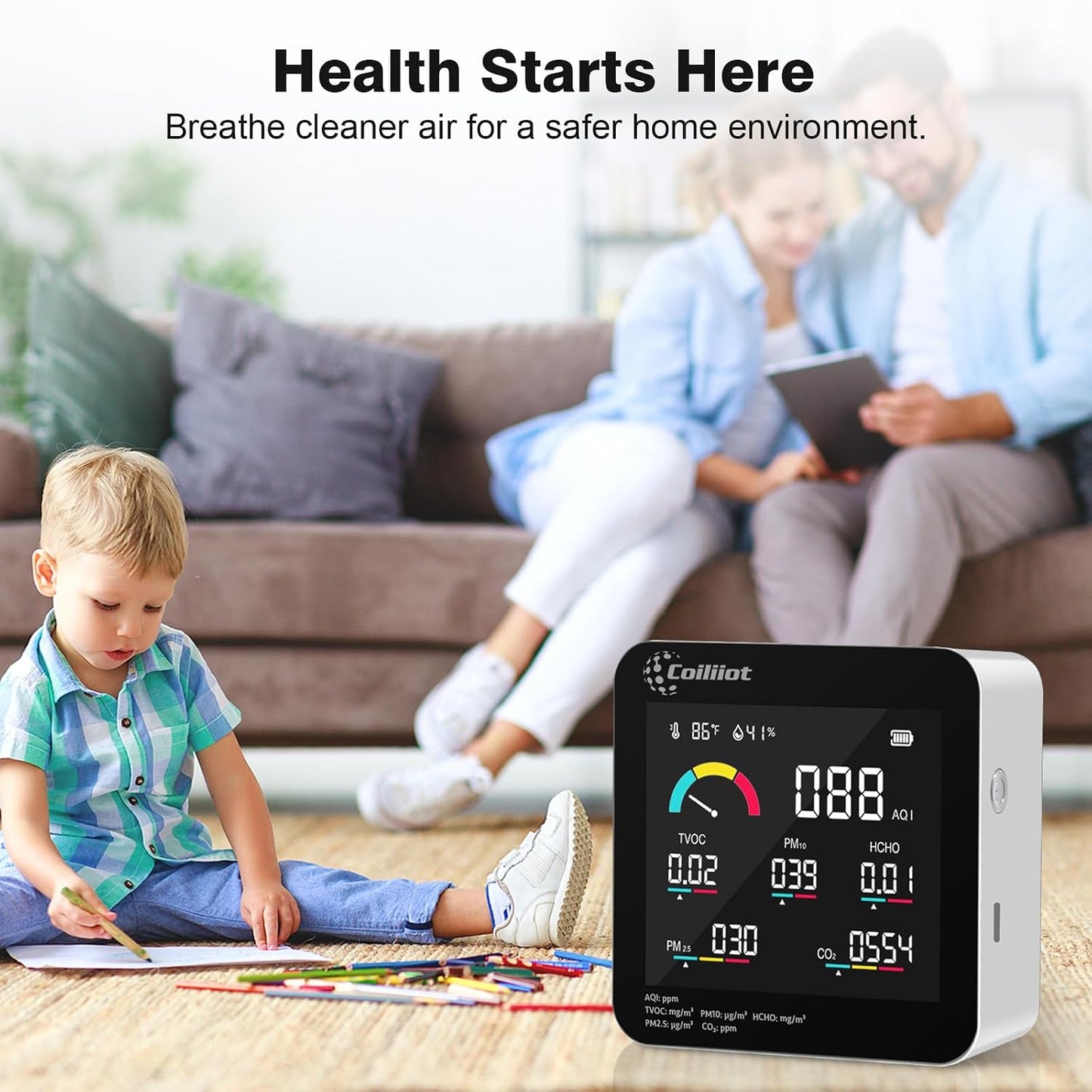 Air Quality Monitor Indoor – CO2 Detector, VOC Meter and AQI Tester Tracks TVOC, HCHO, PM2.5 &amp; PM10 with Temperature &amp; Humidity Sensor for Home Office (White)