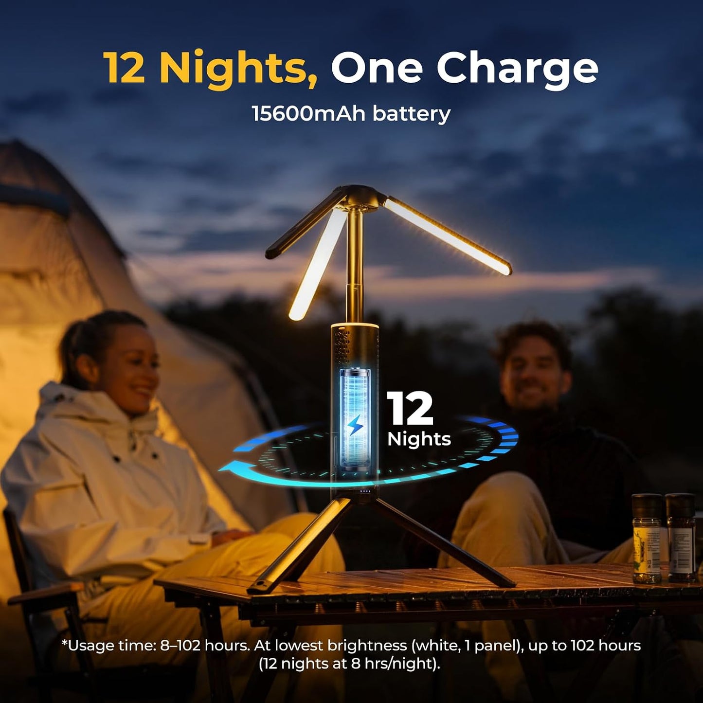 BougeRV Telescopic Camping Light T1, 15600mAh Rechargeable Lantern, Black | 5.5 ft Adjustable Height, 1000x3 Lumens, 8-102H Runtime, 270°/180° Rotation, 3 Color Modes, Honeycomb Cutout Design, Outdoor