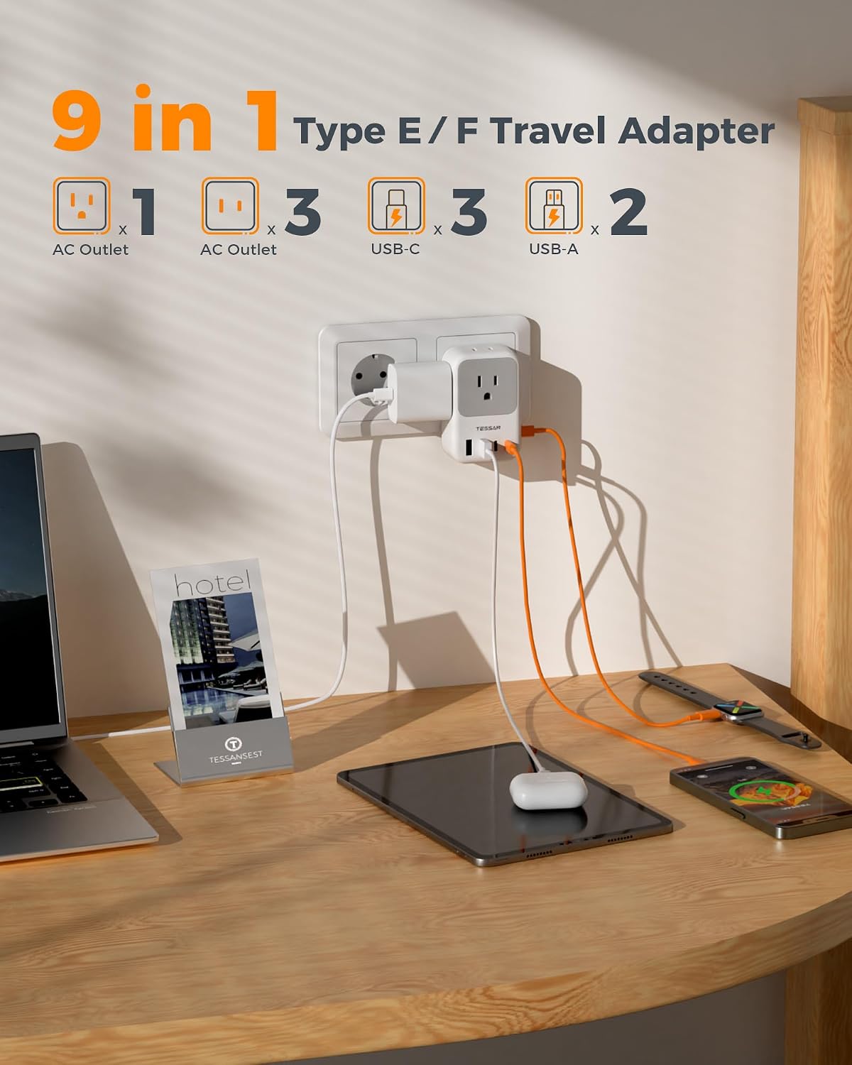 TESSAN Type F Plug Adapter 2 Pack, 28W Germany France Travel | 4 Outlets 5 USB Ports (3 USB-C), Type E Power Adaptor, US to Europe Spain Iceland Greece South Korea Russia Norway