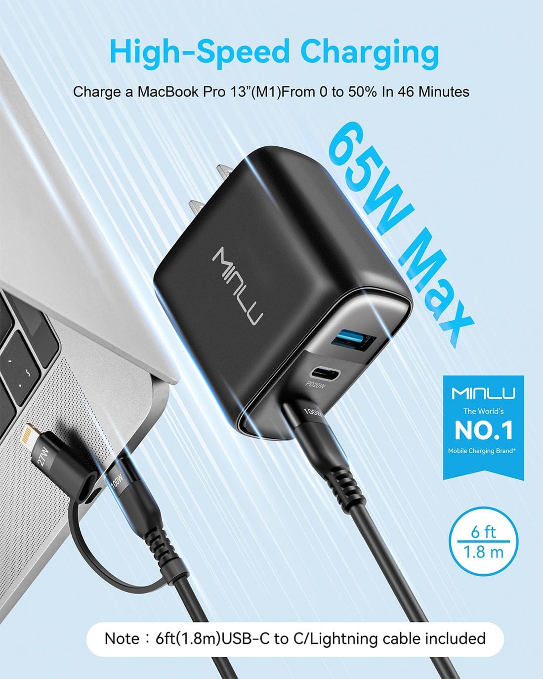 65W USB C Charger Block, MINLU GaN 3-Port Compact Fast PPS Wall Charger with 100W 2 in 1 USB-C to C/L Cable,Fast Charging for MacBook Pro/Air,iPad,iPhone 17 16 15 Series,Galaxy S25 UItra PS - 2Pack