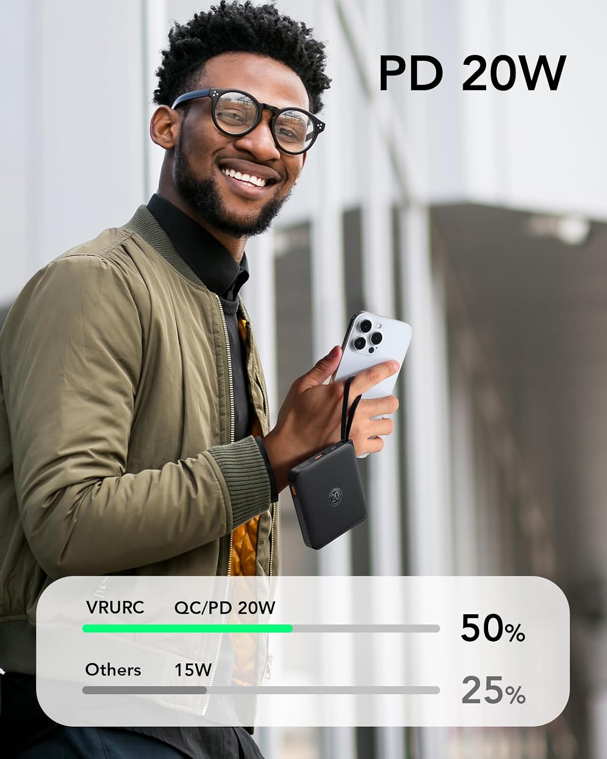 VRURC Portable Charger with Built-in Cables, 10000mAh 22.5W Fast Charging USB C Power Bank with LED Digital Display, Slim Battery Pack for iPhone 17/16/15 &amp; Samsung Galaxy &amp; Android Phones (Black)