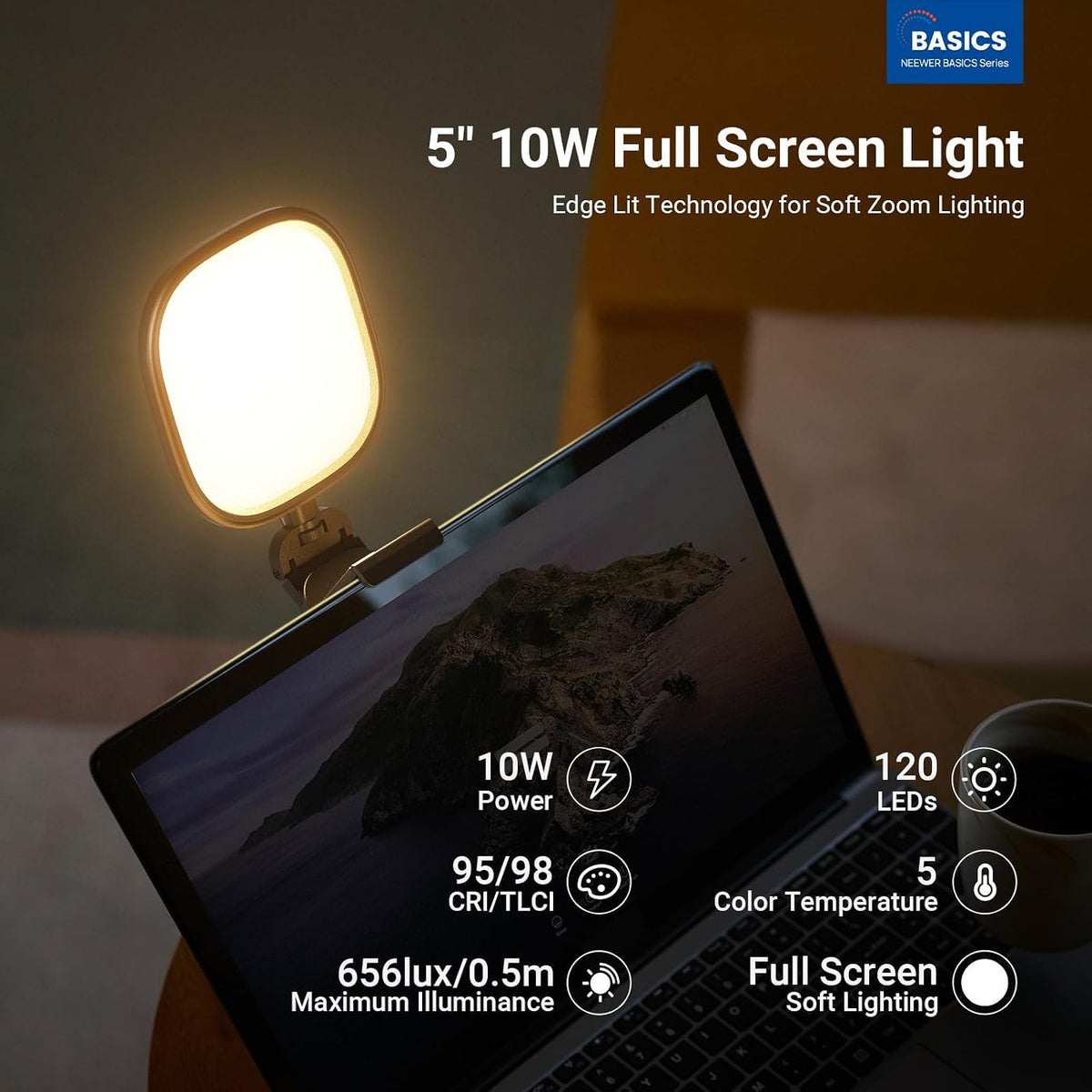 NEEWER BASICS 5" Monitor Light with Stand, Zoom Lighting for Video Conference, 10W Bi Color Edge Lit CRI95 USB LED Panel Ring Light for Desk Computer Laptop Webcam Video Call Streaming Recording, NL10