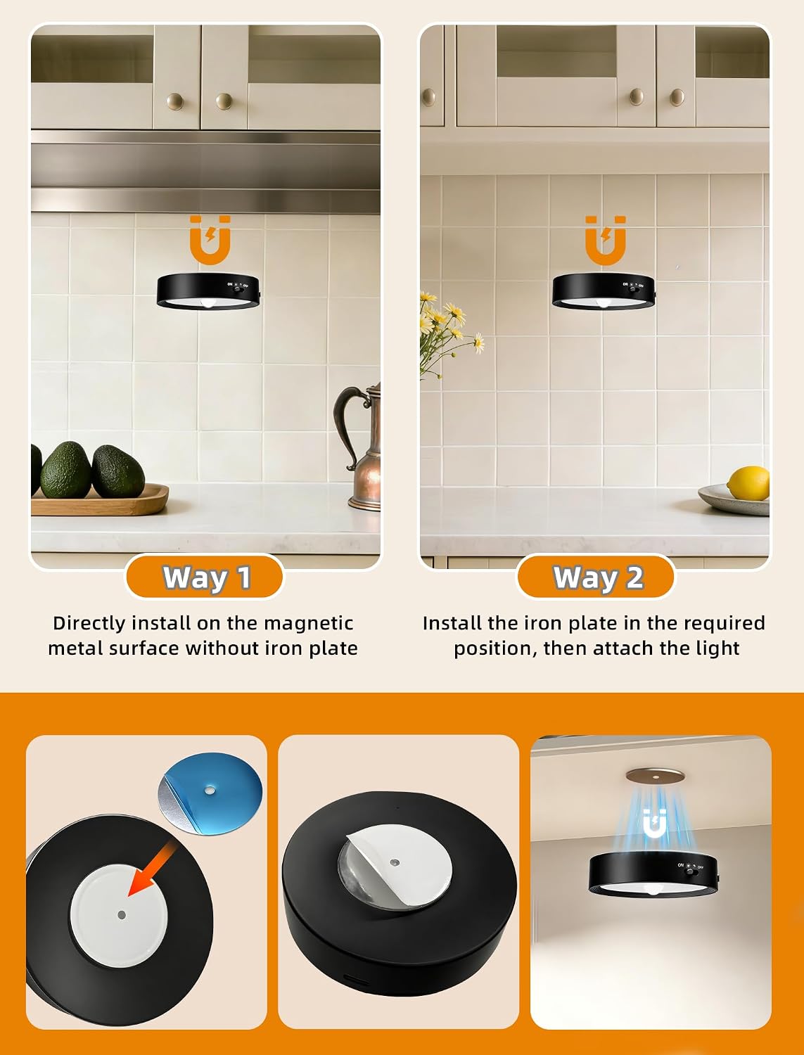 3-PACK Under Cabinet Lighting Rechargeable Puck Lights with Remote Black