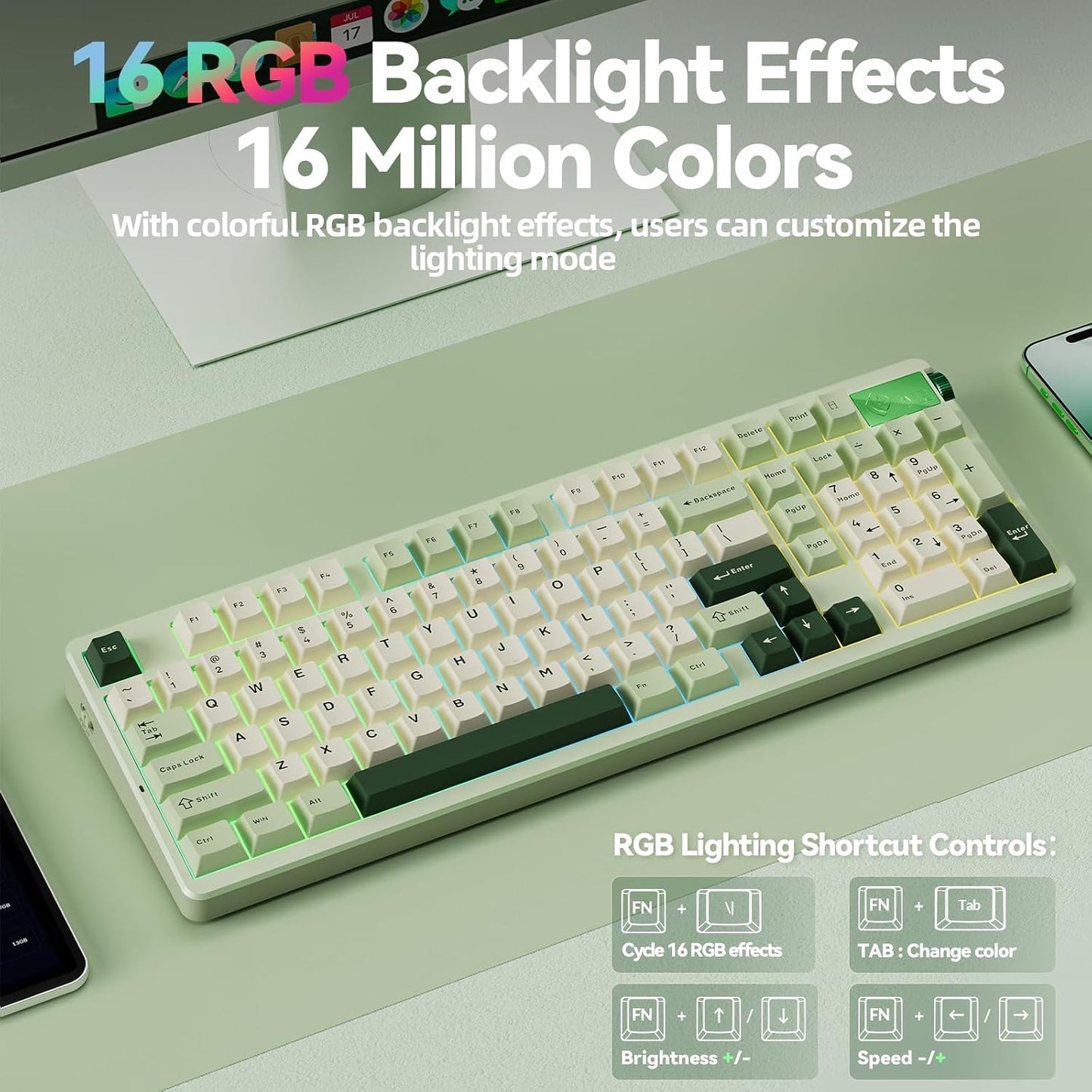 CORBOBO LEOBOG A98-96% Mechanical Keyboard Wireless, Tri-Mode BT5.0/2.4GHz/USB-C, Creamy Keyboard with Number Pad, Gasket Structure Hot Swappable, RGB Backlit Green Gaming Keyboards with Knob for PC