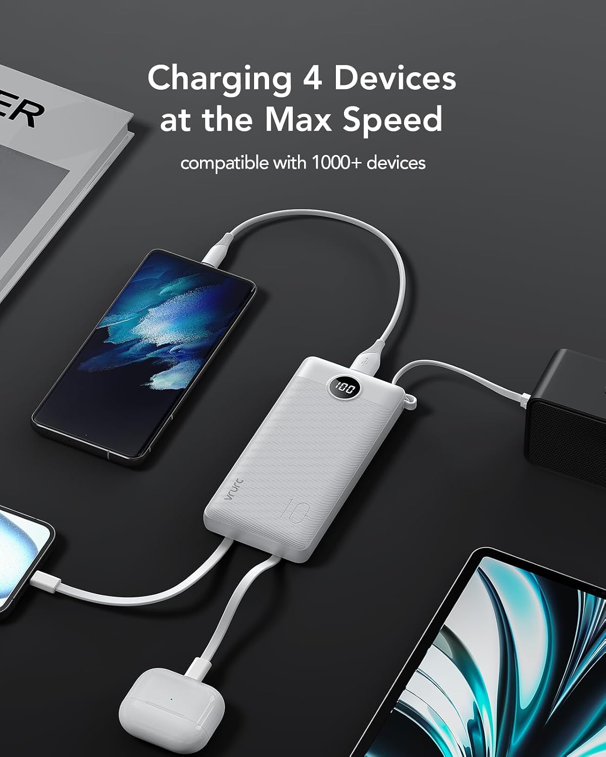 VRURC Power Bank for iPhone, 22.5W Portable Charger with Built-in Cables | 10000mAh USB C In & Out Cord Portable Phone Charger,Slim Lightweight Charging Bank Travel Essentail-White(1 Pack)