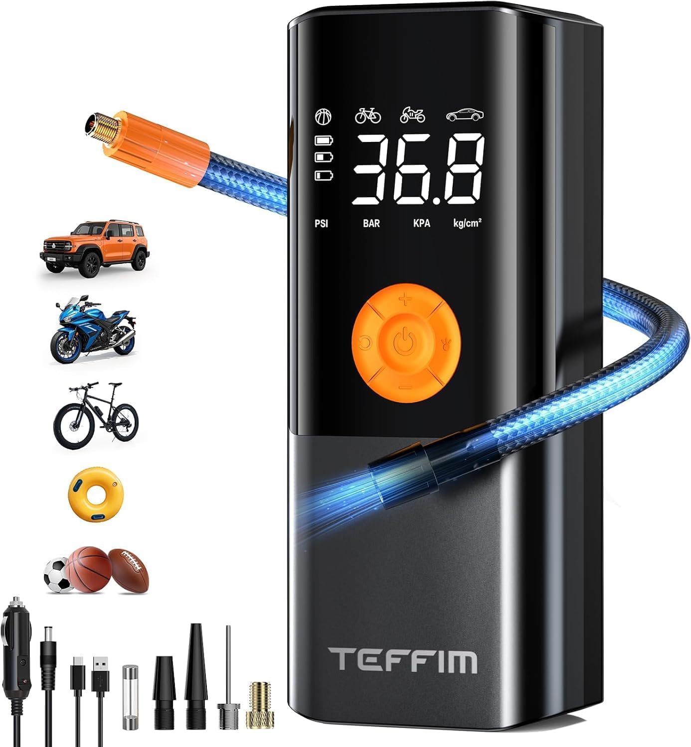 Teffim Tire Inflator Portable Air Compressor, Air Pump for Car with Pressure Gauge,Tire Inflator for Car Motorcycle Bike Pump