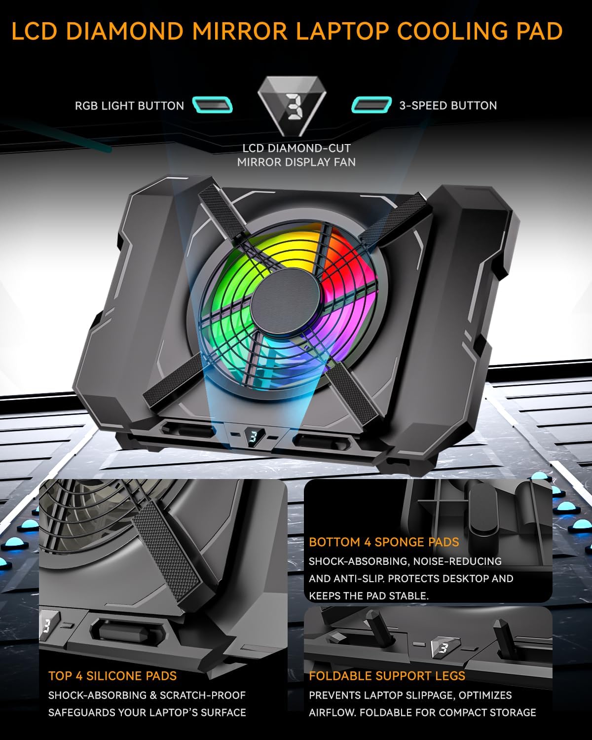Laptop Cooling Pad, Gaming Laptop Cooler with 7.1 Inch Powerful Fan, RGB Lights &amp; 3-Speed Fan Control &amp; LCD Diamond Design, Height Adjustable Quiet Laptop Cooling Stand for 12"-21" Laptops etc